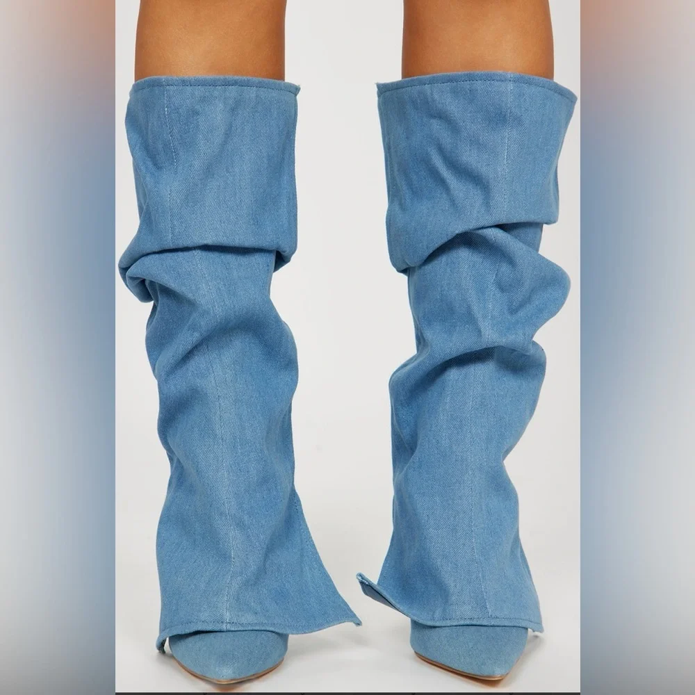 NWB- SLOUCHY DENIM STILETTO BOOTS - Picture 1 of 4